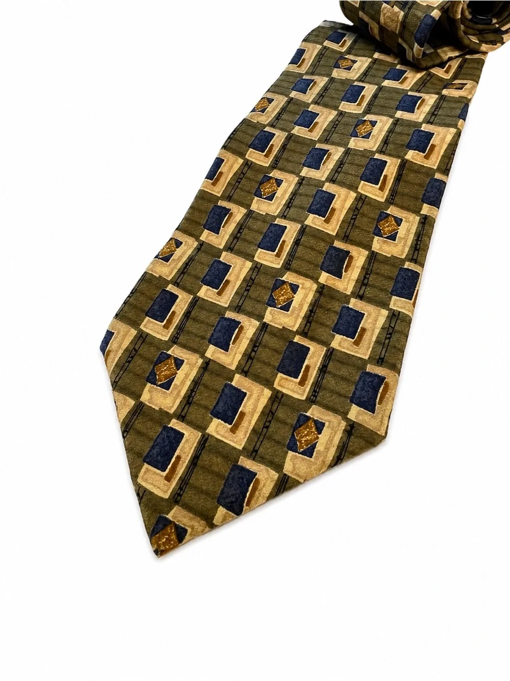 Vintage Zylos George Machado Men's Tie Silk Olive Green Navy Blue Geometric 90s